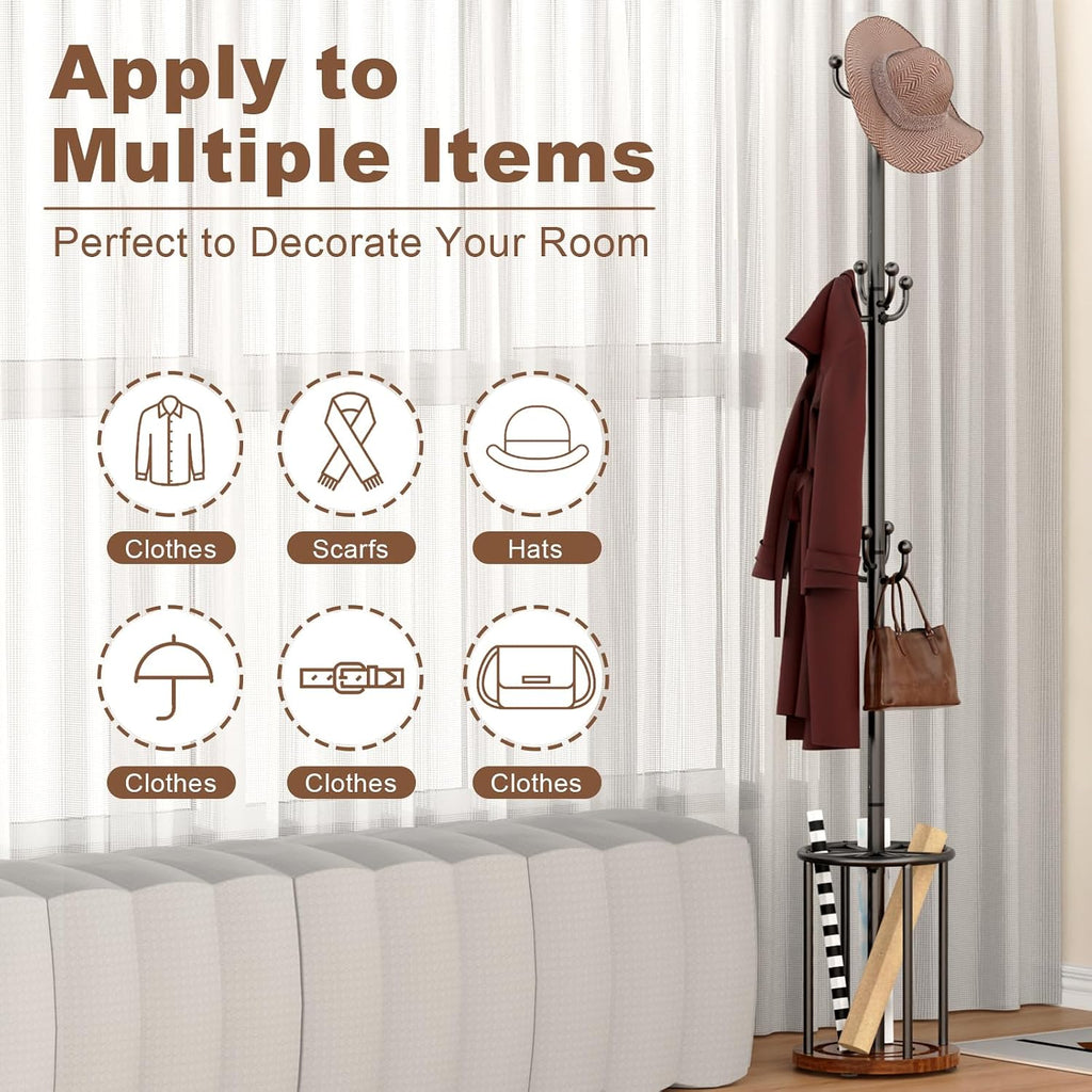 Coat Rack Freestanding, Coat Rack Stand with Umbrella Holder, Coat Tree, Coat Hanger Stand with 12 Hooks for Clothes Bag Hats, Hat Rack Hall Tree Coat Hanger Umbrella Stand for Entryway