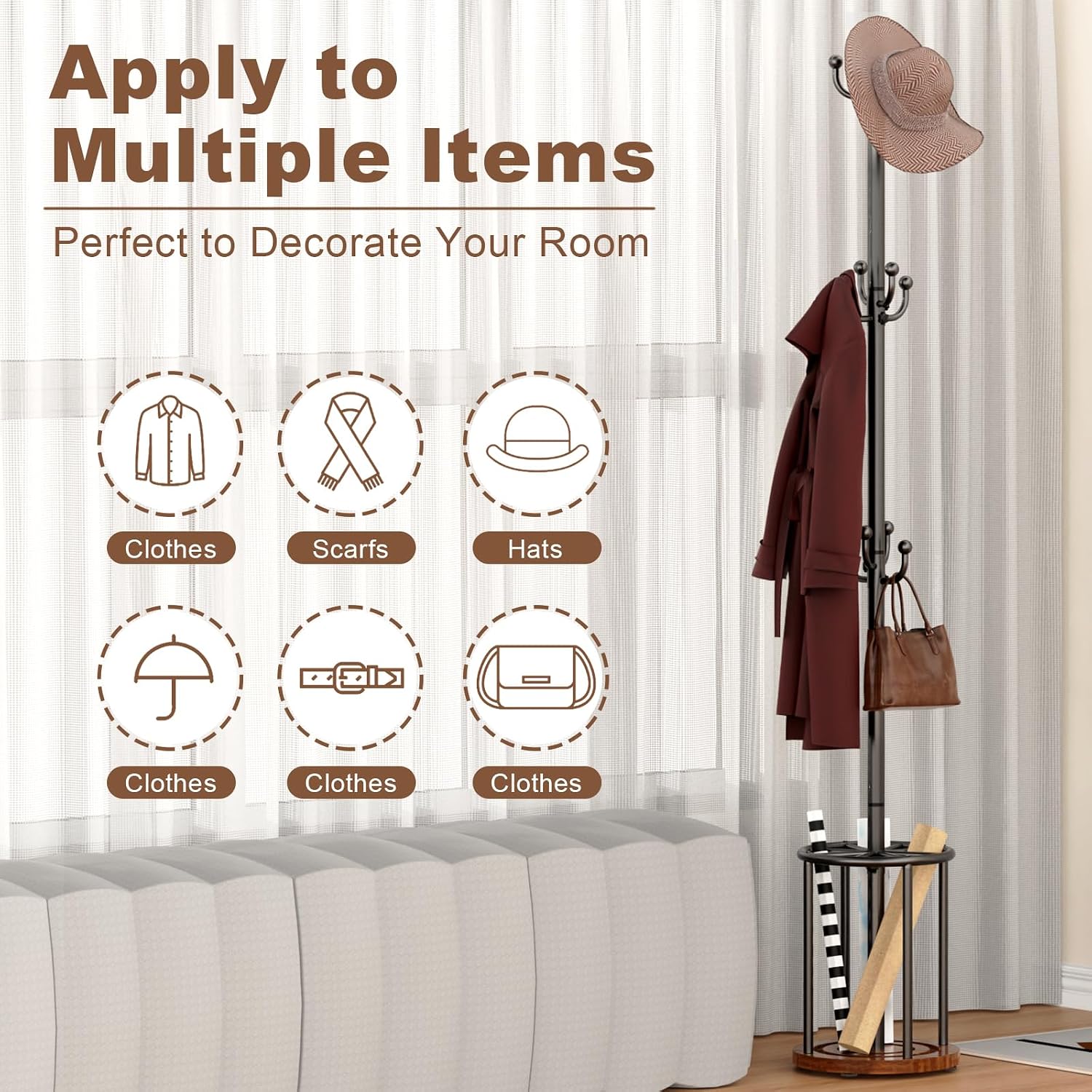 Coat Rack Freestanding, Coat Rack Stand with Umbrella Holder, Coat Tree, Coat Hanger Stand with 12 Hooks for Clothes Bag Hats, Hat Rack Hall Tree Coat Hanger Umbrella Stand for Entryway
