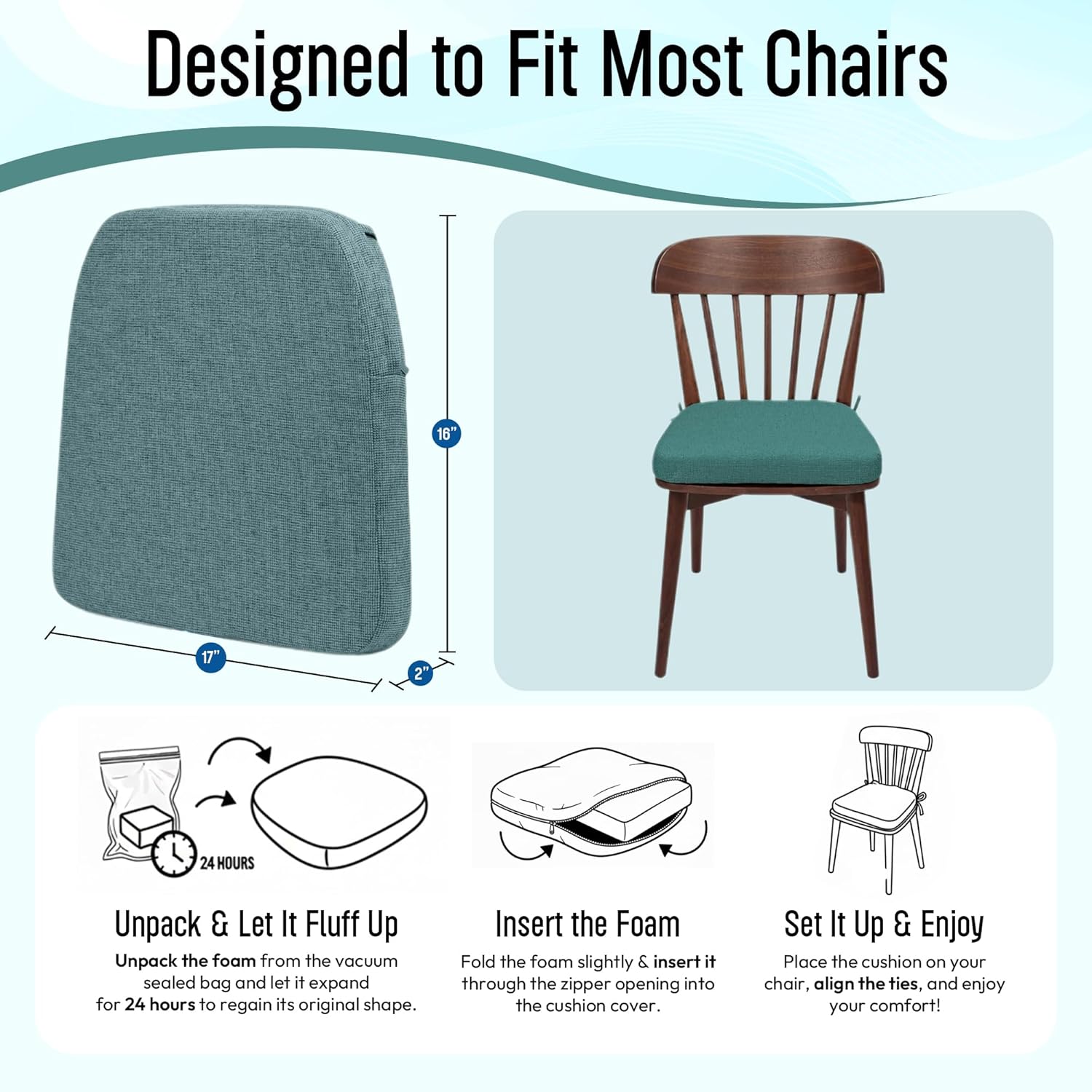 Chair Cushions for Dining Chairs - 17" x 16" x 2" D-Shaped Indoor Seat Cushions - Non Slip Chair Pads with Removable Ties and Washable Cover Set of 4 - Chair Leg Pads Included - Teal