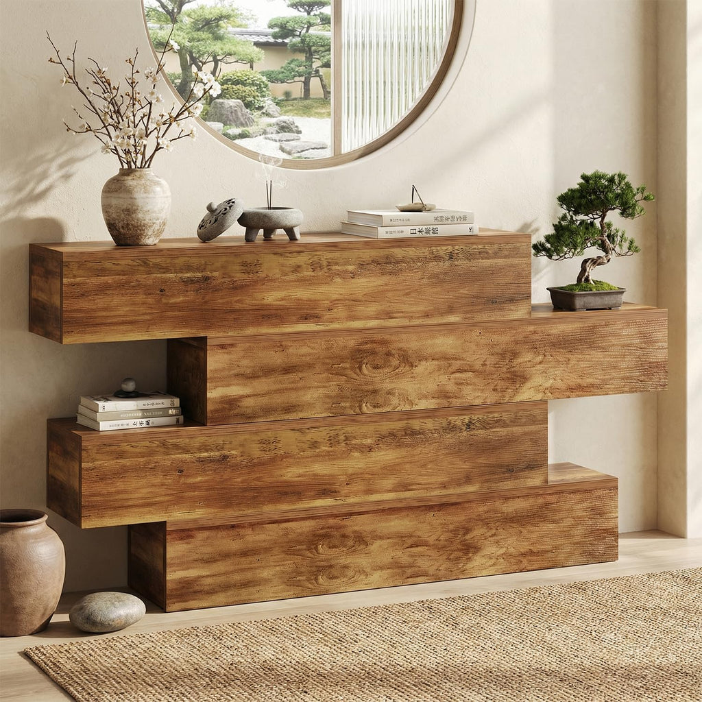 knoworld 63 Inch Farmhouse Console Table with 4 Tier Storage, Rustic Wooden Sofa Table Behind Couch, Unique Staggered Entryway Table for Living Room, Long Hallway Foyer Table, Walnut
