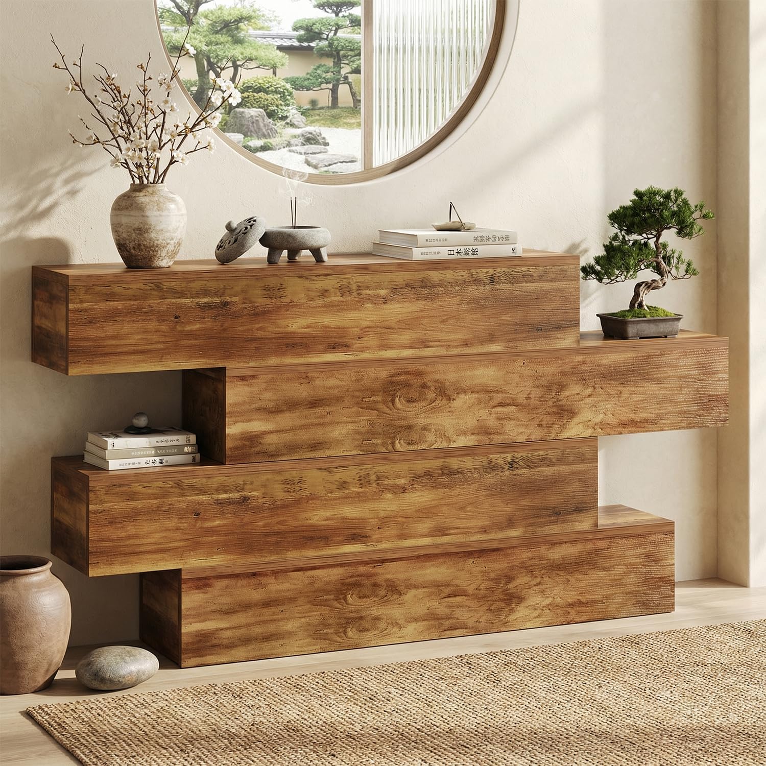 knoworld 63 Inch Farmhouse Console Table with 4 Tier Storage, Rustic Wooden Sofa Table Behind Couch, Unique Staggered Entryway Table for Living Room, Long Hallway Foyer Table, Walnut