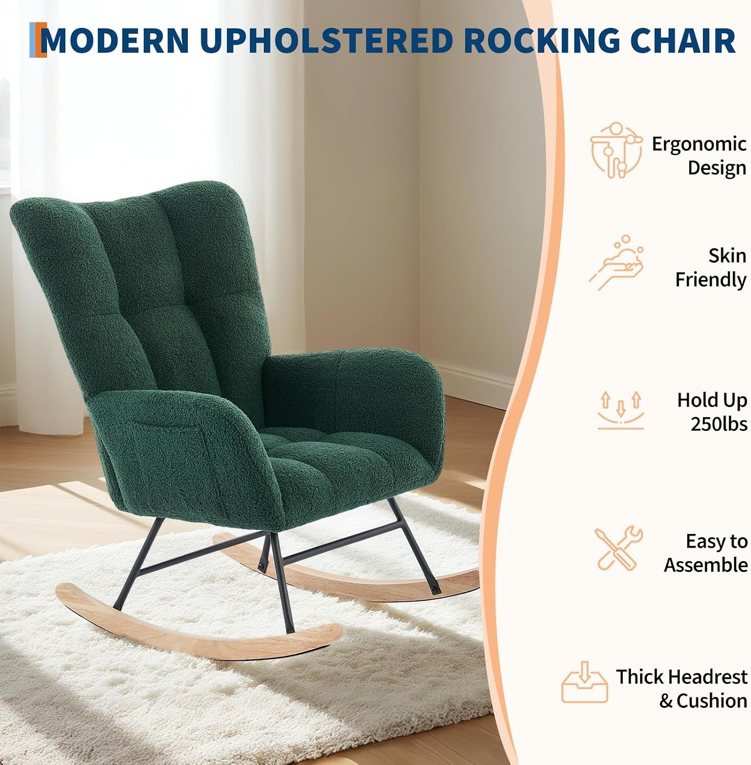 Nursery Rocking Chair, Upholstered Baby Fluffy Glider Rocker, Reading Chair with High Backrest, Comfy Chairs for Living Room, Bedroom, Nursing (Ink Green)