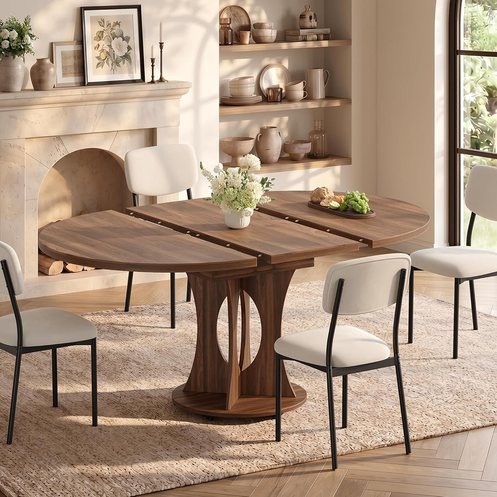 iPormis 43-59" Round Dining Table Set for 4, 5-Piece Kitchen Table & Chairs Set for 4, Extendable Dining Room Circle Table with 4 Upholstered Chairs for Small Space, Walnut Table + 4 White Chairs