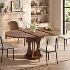 iPormis 43-59" Round Dining Table Set for 4, 5-Piece Kitchen Table & Chairs Set for 4, Extendable Dining Room Circle Table with 4 Upholstered Chairs for Small Space, Walnut Table + 4 White Chairs