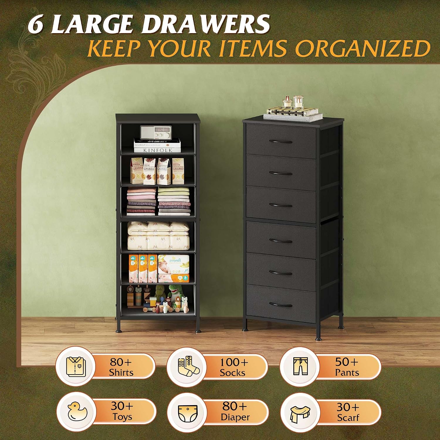 WLIVE Black Tall Dresser for Bedroom, 6 Drawer Dressers & Chests of Drawers, Fabric Dresser for Closet, Living Room, Night Stand with Metal Frame, Storage Tower with Fabric Bins, Wood Top
