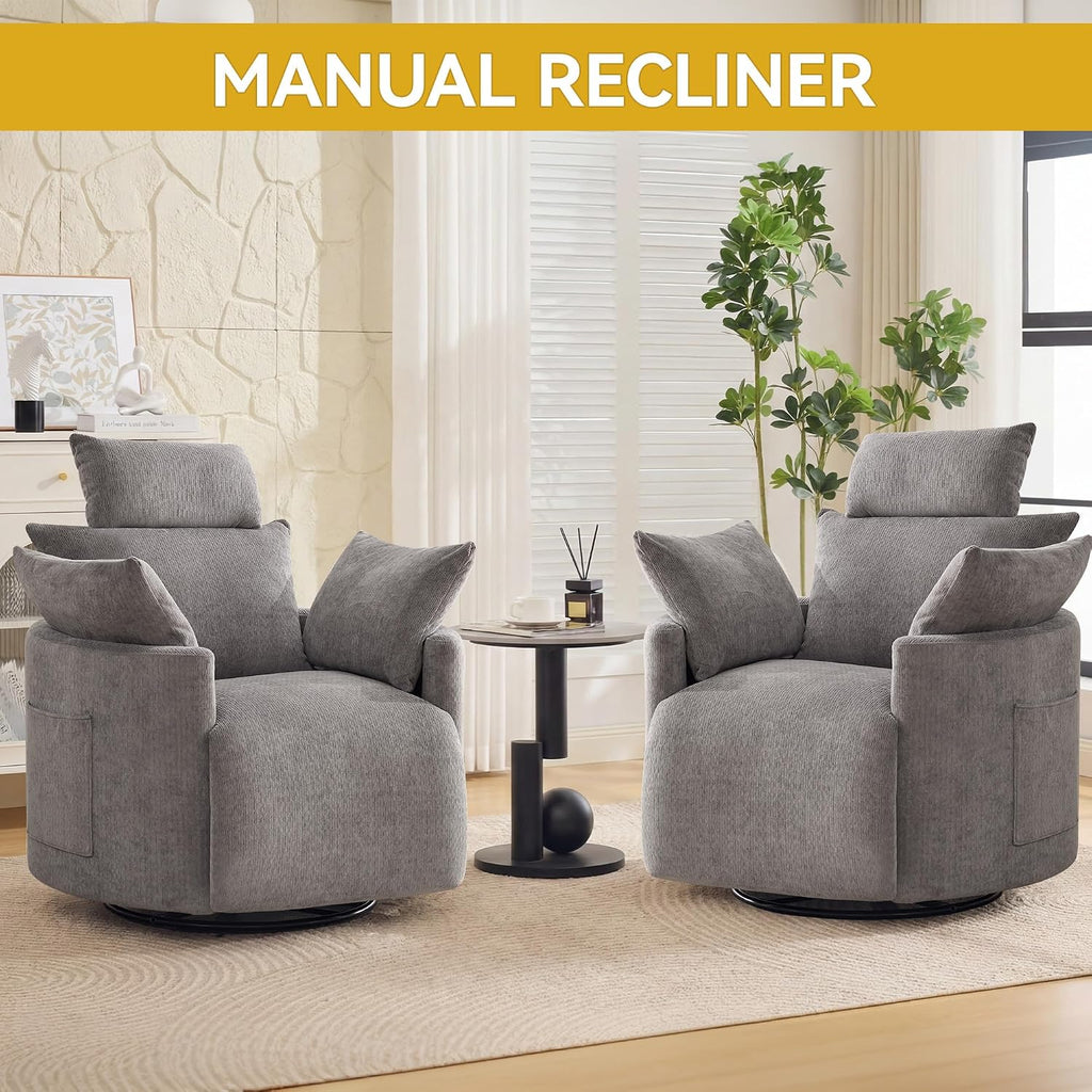 Manual Rocking Chair Nursery, 360° Swivel Recliner Chair with Side Pocket, Glider Reclining Chair for Adults Small Space, Barrel Recliners with 2 Pillows for Living Room, Chenille Light Grey