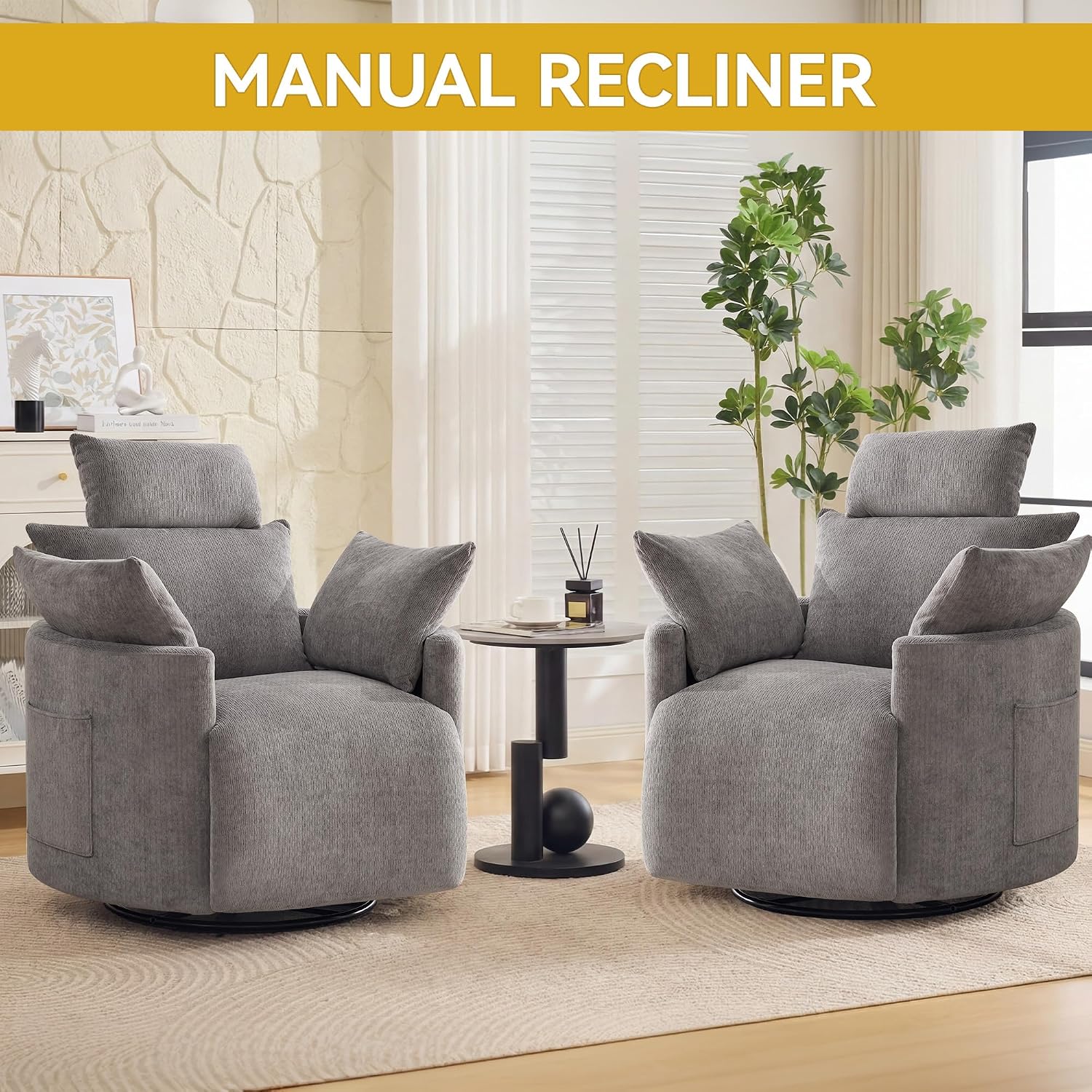 Manual Rocking Chair Nursery, 360° Swivel Recliner Chair with Side Pocket, Glider Reclining Chair for Adults Small Space, Barrel Recliners with 2 Pillows for Living Room, Chenille Light Grey