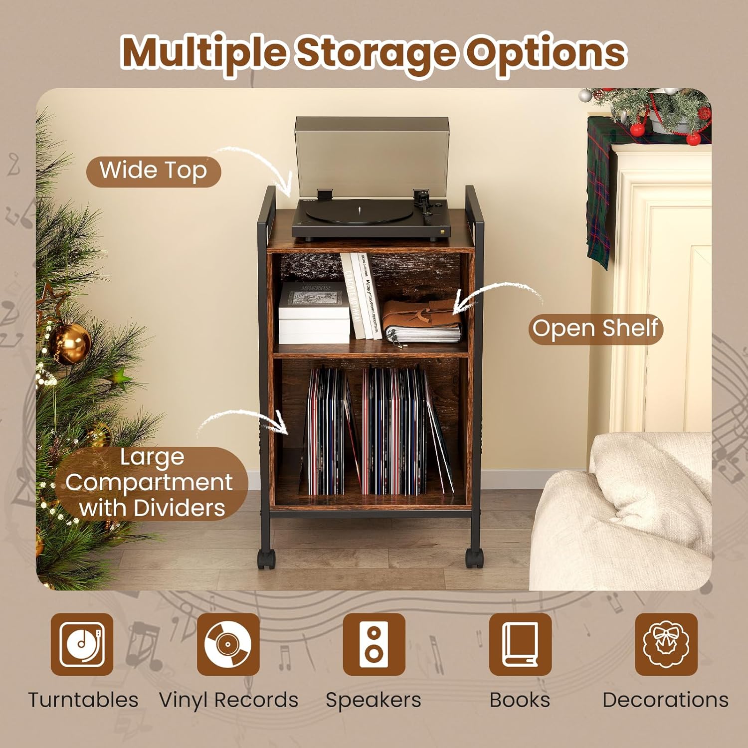 Giantex Record Player Stand with Charging Station, Mobile Turntable Stand with Record Storage & 4 Rolling Wheels, 3-Tier Vinyl Record Storage w/ Open Shelves & Dividers for Living Room, Rustic Brown