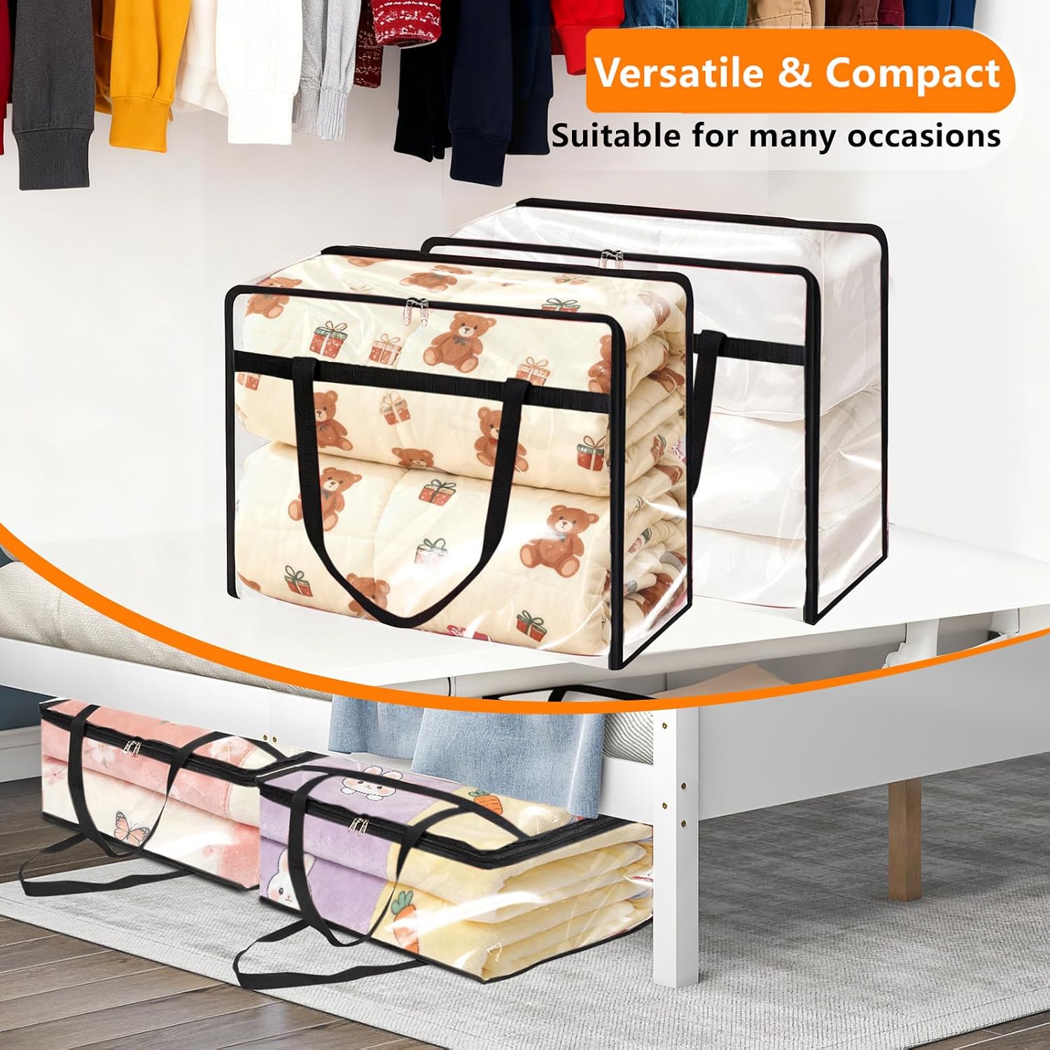4 Pack Clear Clothes Storage Bags, Vinyl Blanket Storage Containers with Heavy Duty Zipper, Foldable Moving Bags, Closet Organizers for Bedding, Clothing, Comforters, Linens, Duvet (40L)