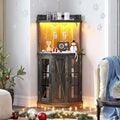 DWVO 53" Corner Bar Cabinet, Farmhouse Wine Cabinet with Glass Holder & LED Lights, 4-Tiers Liquor Bar with Glass Door & Shelves for Home Kitchen, Living Dining Room, Dark Rustic Oak