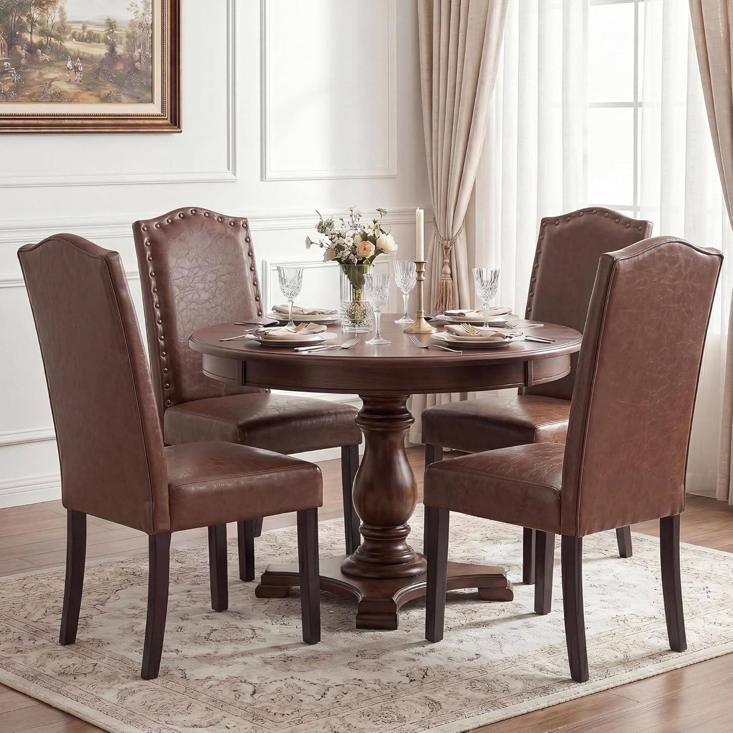 LSSBOUGHT PU Dining Chair Upholstered Parsons Kitchen Chair with Copper Nails and Solid Wood Legs for Dining Room,Restaurant (Brown, 4PCS)