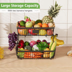 2 Tier Fruit Basket for Kitchen Counter with 2 Banana Hangers, Countertop Metal Bread Basket with Wooden Handle, Large Storage Stand for Vegetables, Snacks, Eggs, Produce Storage – Black