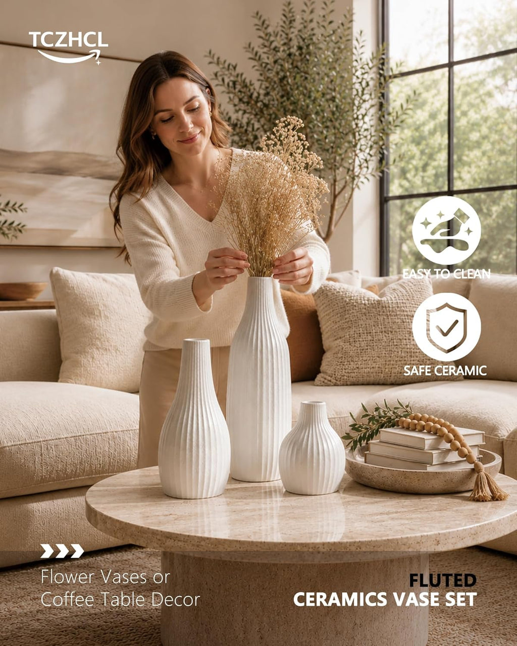 Minimal Line White Ceramic Vase Set of 3 - Modern Nordic Boho Decorative Vases for Home Table Decor, Shelf, Entryway, Coffee Table, Dining Table Centerpiece, Fireplace Mantel - Matte White