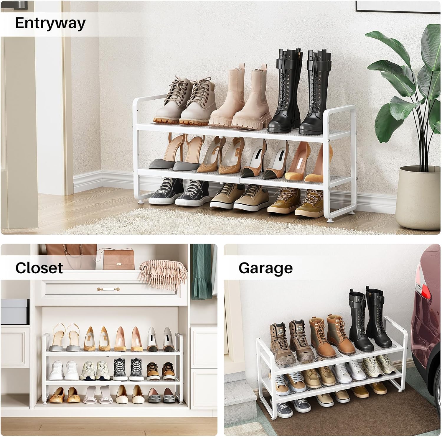 SNTD Shoe Rack - Expandable Shoe Organizer for Closet, Adjustable Metal Shoe Shelf Storage, Stackable Long Shoe Stand Holder for Garage, Entryway, Door Entrance (White, 2-Tier)