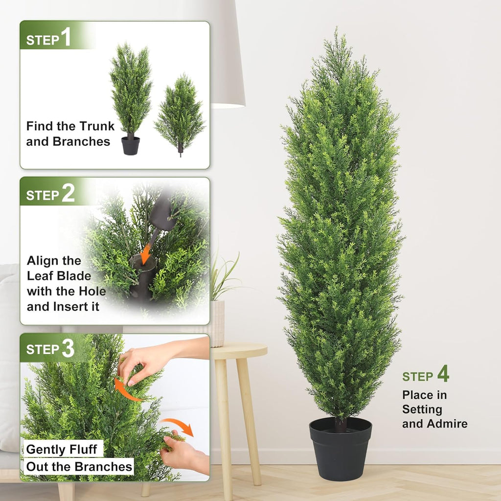 THE BLOOM TIMES Artificial Topiary Cedar Trees Outdoor 4FT Tall 2 Set, Realistic Faux Pine Cypress Shrubs Bushes, UV Resistant Large Fake Evergreen Plants for Front Porch Outside Planter Decor 4 Foot