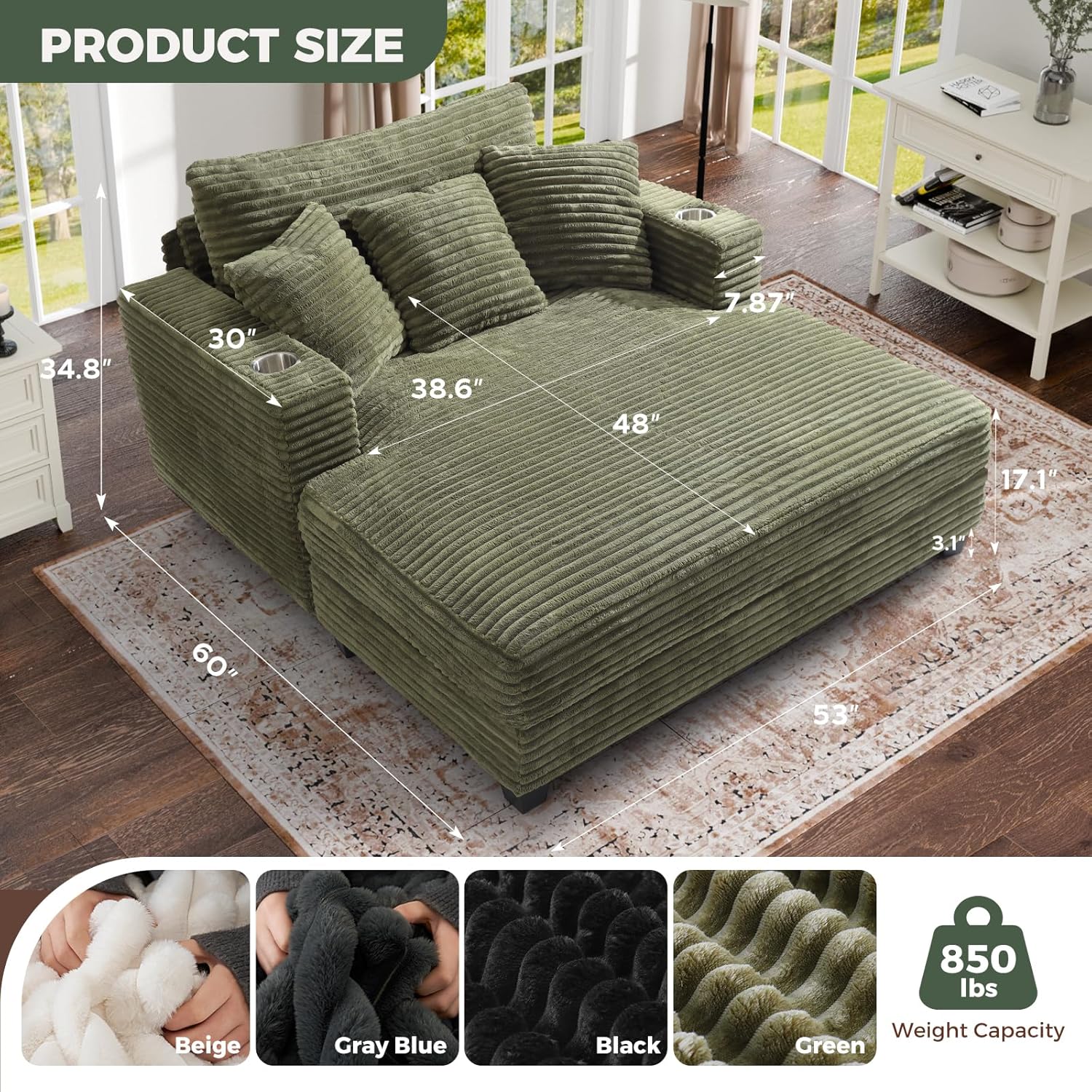 HUSFU 60'' Oversized Chaise Lounge Chair Indoor, Comfy Plush Faux Fur Lounge Sofa Bed w/USB Charging Port,Cup Holders & Throw Pillows,Cozy Sleeper Couch for Living Room Apartments,Green