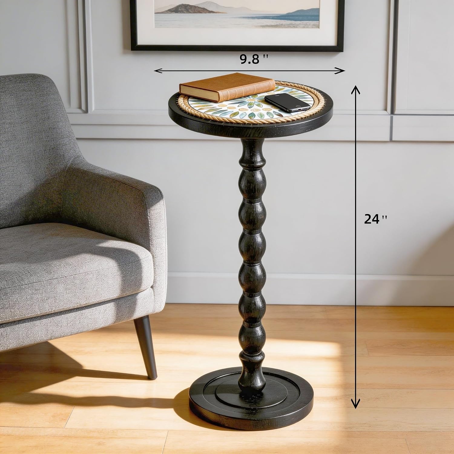 Round Side Table, Small Drink Table for Small Spaces, Rustic Accent Nightstand with Solid Wood Leg for Living Room, Bedroom, Corners, and Office, Handcrafted Finish (Black)