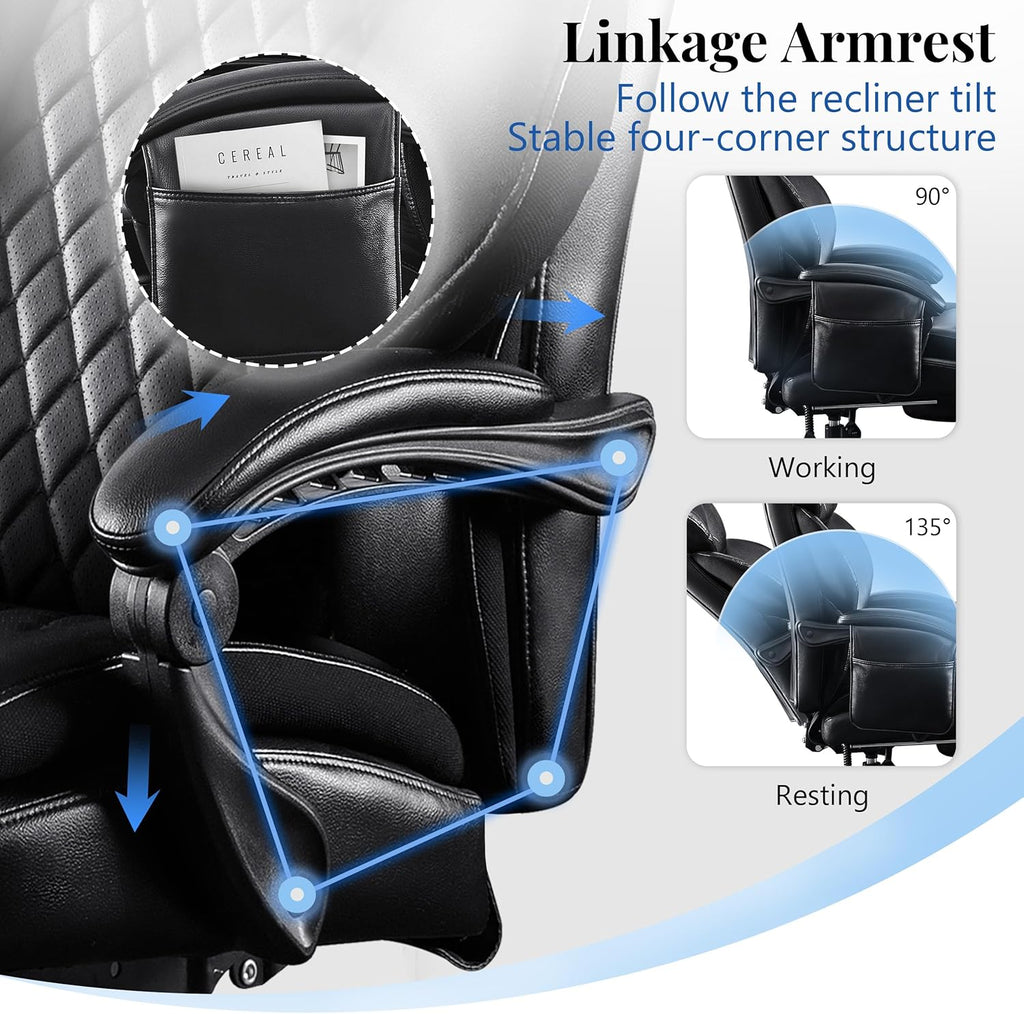 3D Kneading Massage Office Chair, Oversized 600LBS Big and Tall Executive Office Chair with Footrest, Reclining Computer Chairs, Wider Upholstered Seat Ergonomic Desk Chair for Home Office, Black