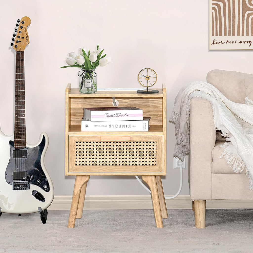 Lerliuo Rattan Nightstand with Charging Station, Boho Night Stand | Side Table with Drawer Open Shelf, Cane Accent Bedside End Table for Bedroom, Dorm and Small Spaces