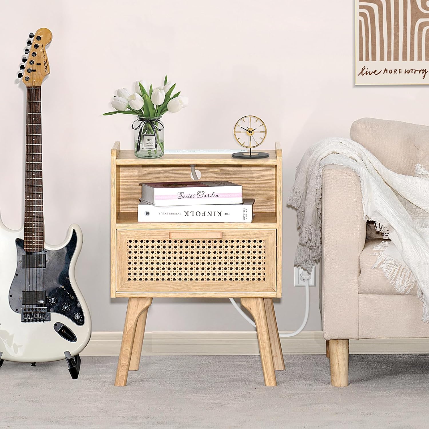 Lerliuo Rattan Nightstand with Charging Station, Boho Night Stand | Side Table with Drawer Open Shelf, Cane Accent Bedside End Table for Bedroom, Dorm and Small Spaces