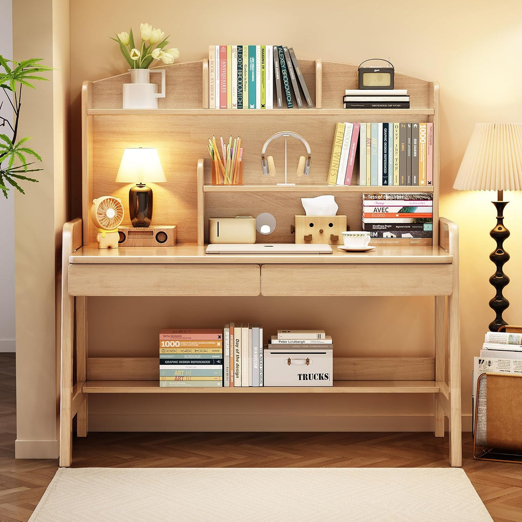 Kids Desk and Chair Set Wooden Children's Learning Table and Chair with Hutch and Two Drawers Children Study,Writing,Computer,Workstation Desk for 3 and Above(Nature