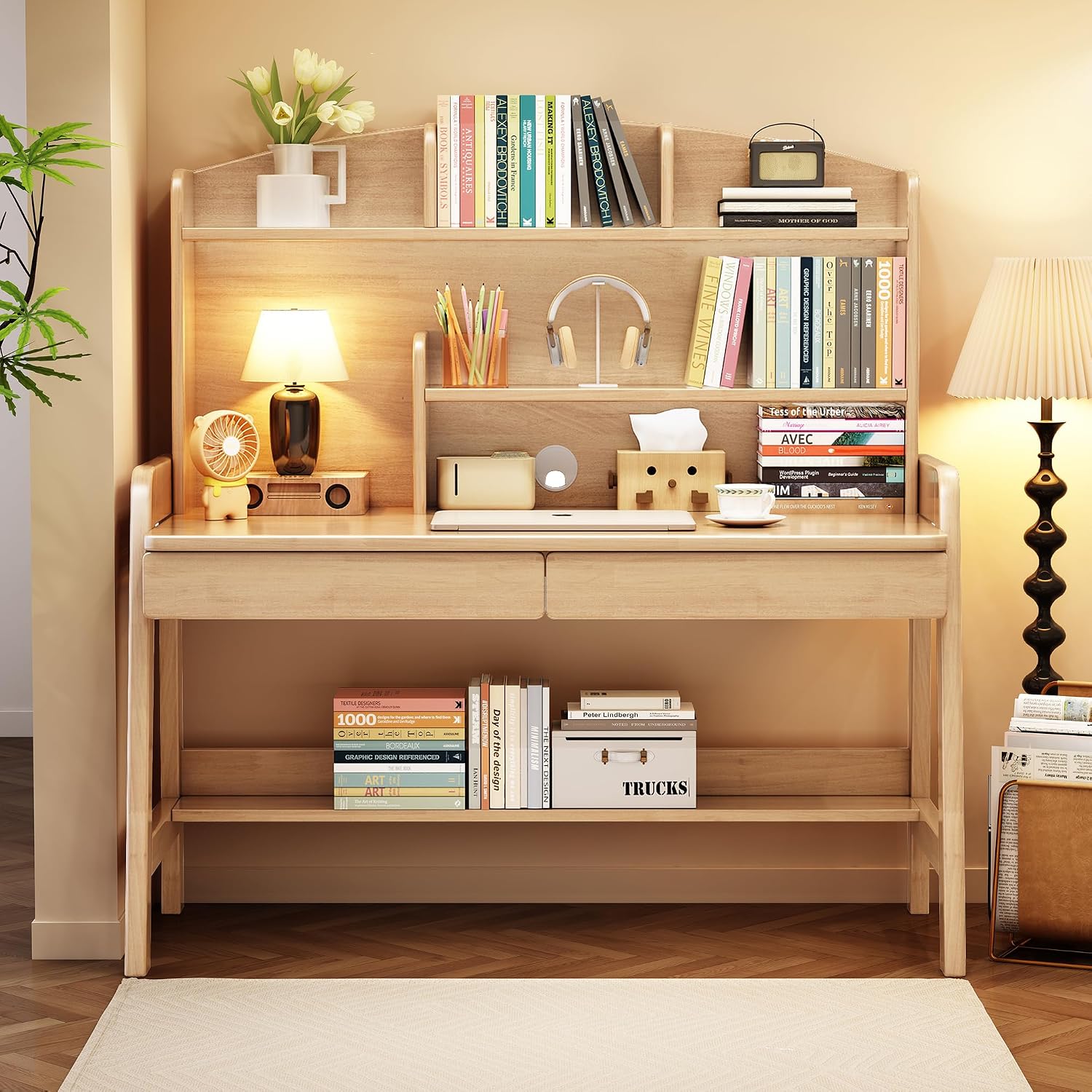 Kids Desk and Chair Set Wooden Children's Learning Table and Chair with Hutch and Two Drawers Children Study,Writing,Computer,Workstation Desk for 3 and Above(Nature
