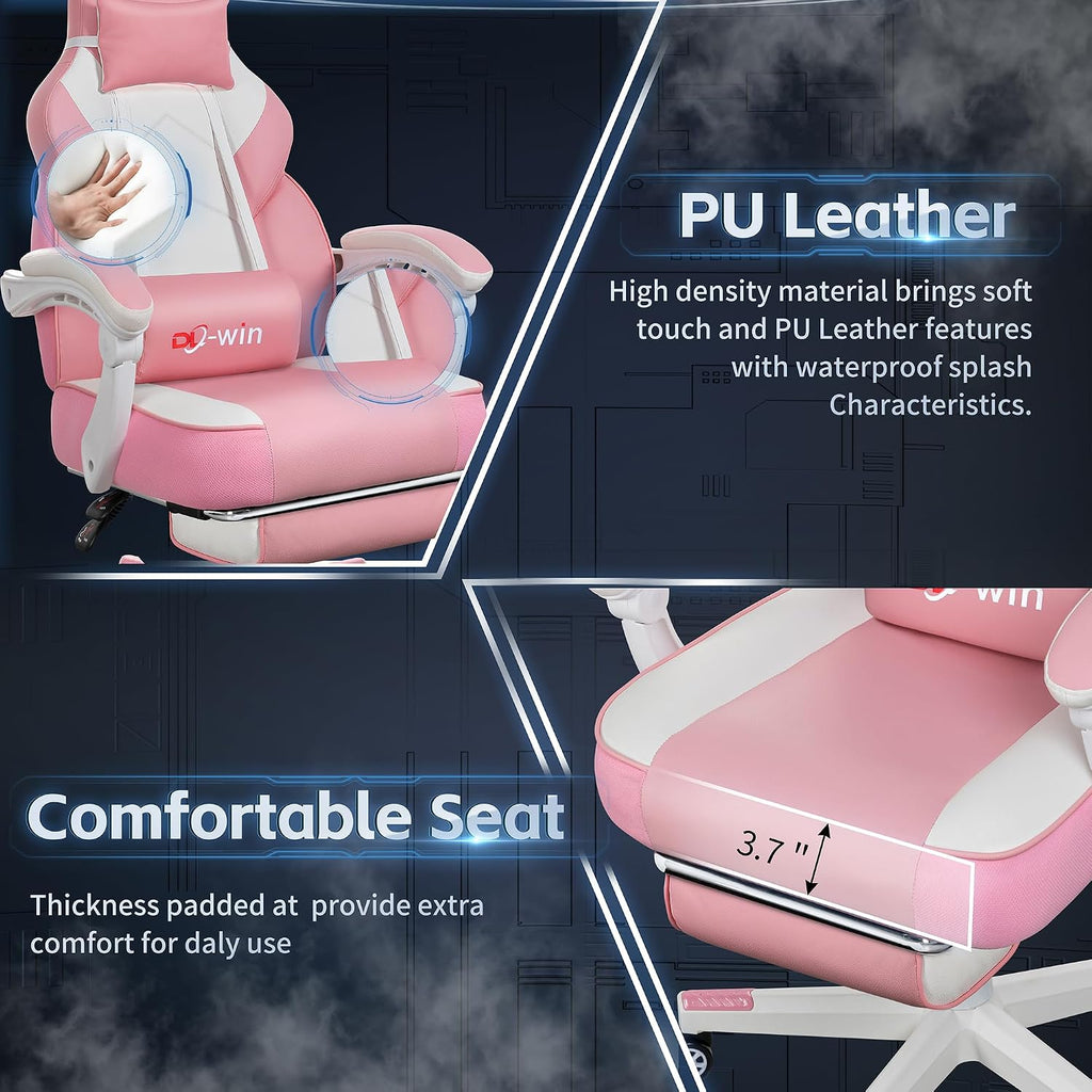 Gaming Chair with Footrest & Lumbar Support, Ergonomic Racing Style Computer Chair, 360° Swivel Height Adjustable Video Game Chair, Massage Office Chair Gaming Equipment, Pink