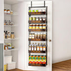 BUKFEN 6-Tier Over the Door Pantry Organizer, 2-in-1 Door Hanging or Wall Mounted Spice Rack with Adjustable Wooden Baskets, Heavy Duty Metal Storage Shelf, 12 Hooks for Kitchen, Bathroom, Closet