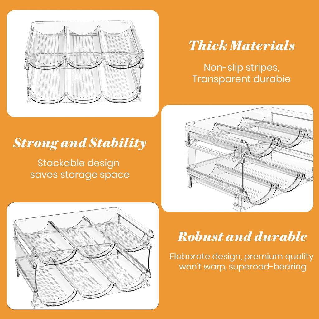Plastic Stackable Wine Rack for Refrigerator, 2 Tier Large Capacity Water Bottle Organizer for Cabinet, Free-Standing Water Bottle Storage Rack for Fridge, Countertop, Pantry, Freezer, Hold 6 Bottles