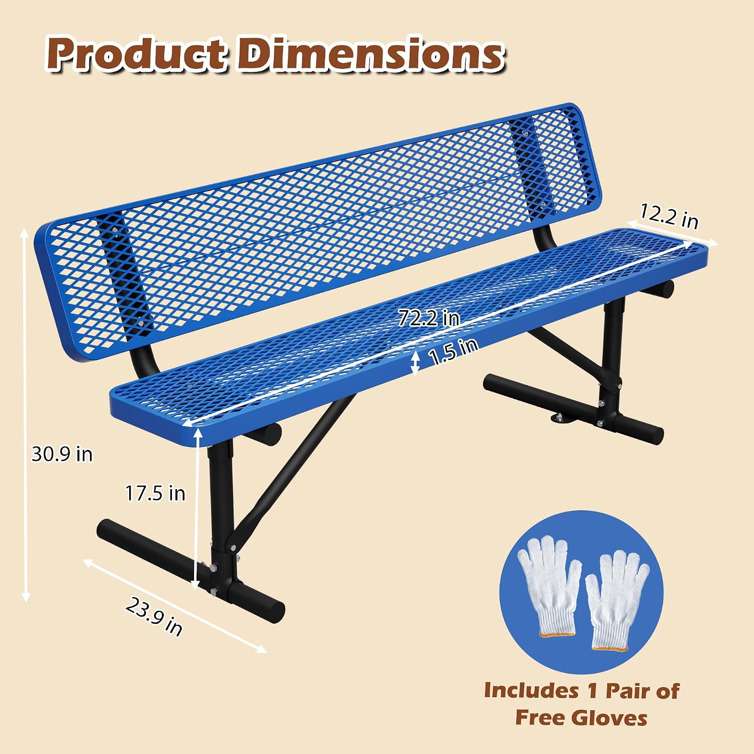 ZeHuoGe 72" Heavy Duty Metal Picnic Bench for 3-4 Adults, 882 LBS Outdoor Bench with Diamond Mesh Top – for Garden, Patio, Park, School, Commercial