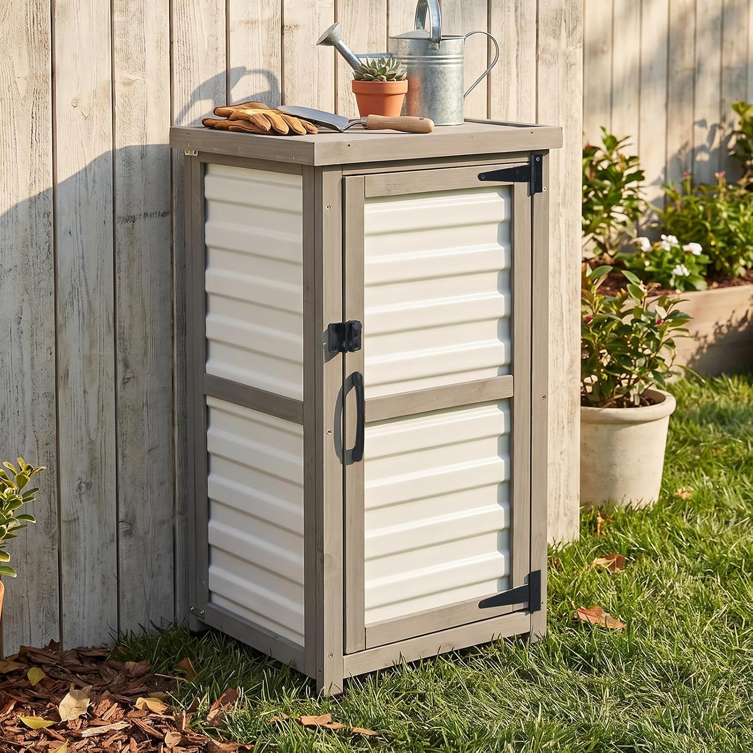 Outdoor Storage Cabinet with Metal Top, Wooden & Plastic Potting Bench & Tool Organizer, Adjustable Shelf for Patio Backyard Garden, Small Outdoor Cabinet for Tools