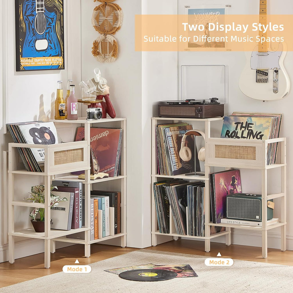 LELELINKY Record Player Stand, White Cream Oak Wood Record Holder with Vinyl Storage Holds up to 300+ Albums, 3-Tier Rattan Media Table with Vinyl Display Shelf, Record Storage Cabinet for Living Room