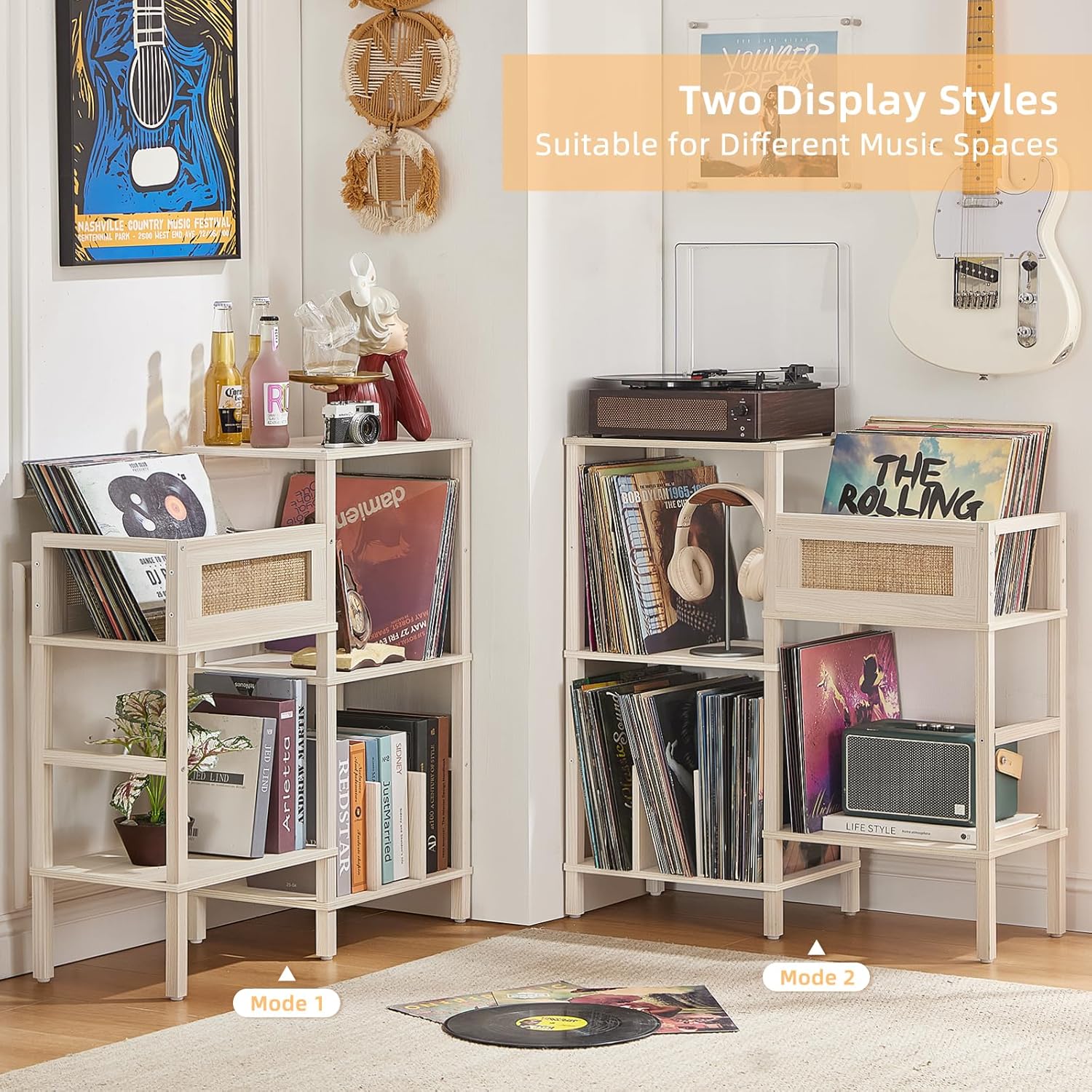 LELELINKY Record Player Stand, White Cream Oak Wood Record Holder with Vinyl Storage Holds up to 300+ Albums, 3-Tier Rattan Media Table with Vinyl Display Shelf, Record Storage Cabinet for Living Room