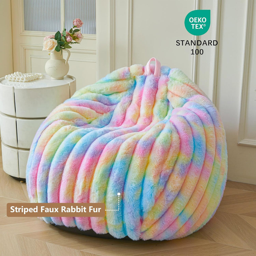 MEGO Kids Fluffy Faux Rabbit Fur Bean Bag Chair Cover(No Filler), Tie Dye Shaggy Striped Stuffed Animal Storage Bean Bag for Plush Toys, Fuzzy Ribbed Beanbag Cover Kids Girls Teens, Anti-slip, Rainbow
