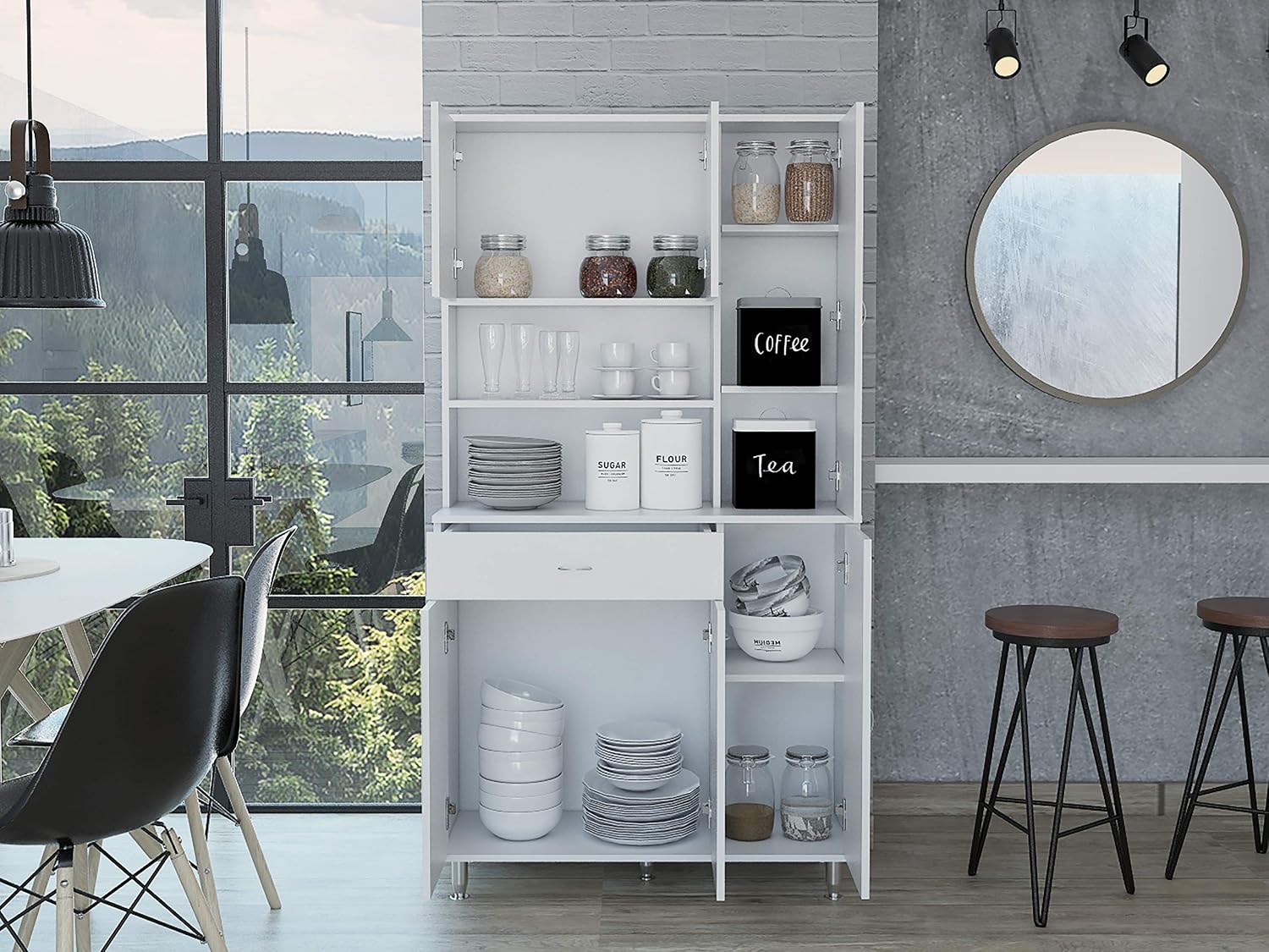 90 Kitchen Pantry Cabinet,Two Open Shelves,One Drawer,Multiple Cabinets,for Kitchen,Dining Room,White,35.4 * 13.7 * 66.5