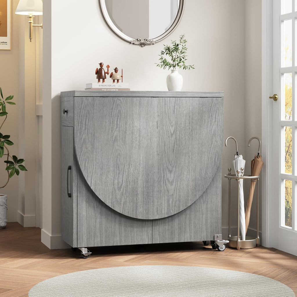 Jocoevol Round Folding Dining Table for 4, Space Saving Drop Leaf Kitchen Table with Storage Drawer, 6 Wheels Oval Gateleg Foldable Dining Table for Small Spaces(Grey 47 * 23.6 * 30)