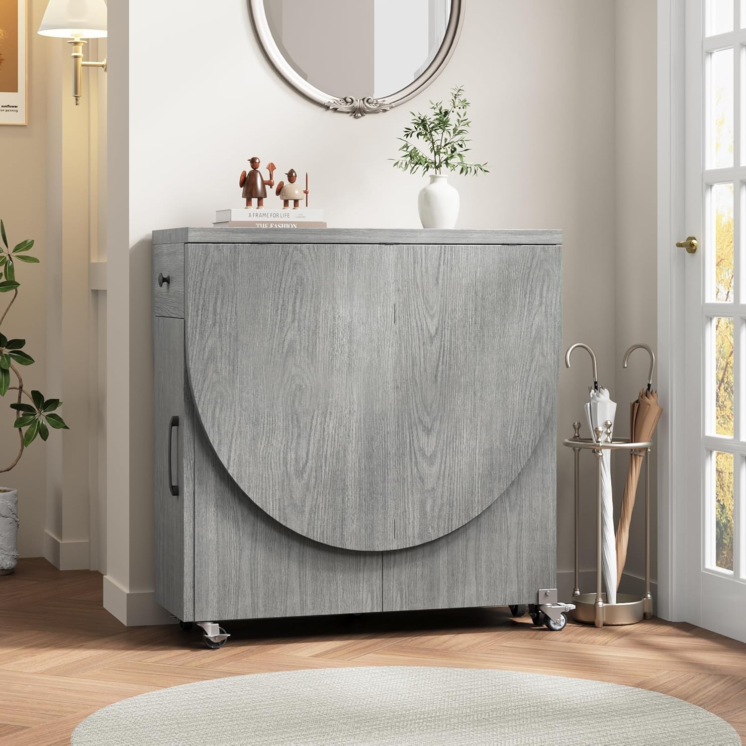 Jocoevol Round Folding Dining Table for 4, Space Saving Drop Leaf Kitchen Table with Storage Drawer, 6 Wheels Oval Gateleg Foldable Dining Table for Small Spaces(Grey 47 * 23.6 * 30)