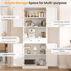 Apicizon 71’’ Tall Kitchen Pantry Storage Cabinet, Modern Kitchen Hutch Bar Cabinet with Microwave Stand & 3 Adjustable Shelves, Cupboard with Deep Drawer, Wood Buffet Sideboard for Dining Room, White