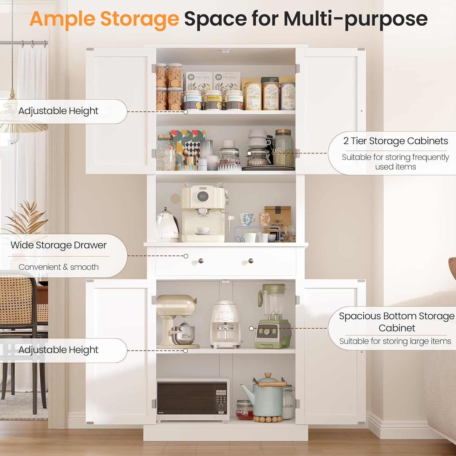 Apicizon 71’’ Tall Kitchen Pantry Storage Cabinet, Modern Kitchen Hutch Bar Cabinet with Microwave Stand & 3 Adjustable Shelves, Cupboard with Deep Drawer, Wood Buffet Sideboard for Dining Room, White