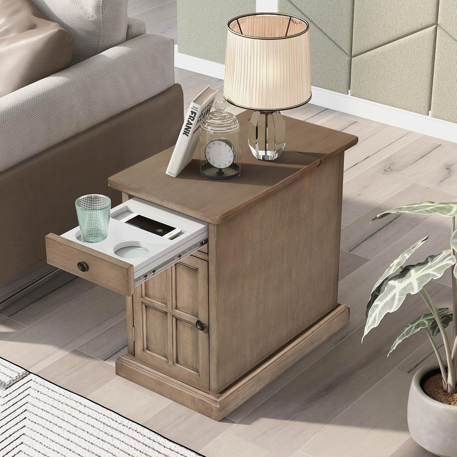 Merax Classic Vintage End Table Side Table with USB Ports & Outlets, One Multifunctional Drawer with Cup Holders, Storage Cabinet for Living Room & Bedroom, Antique Brown