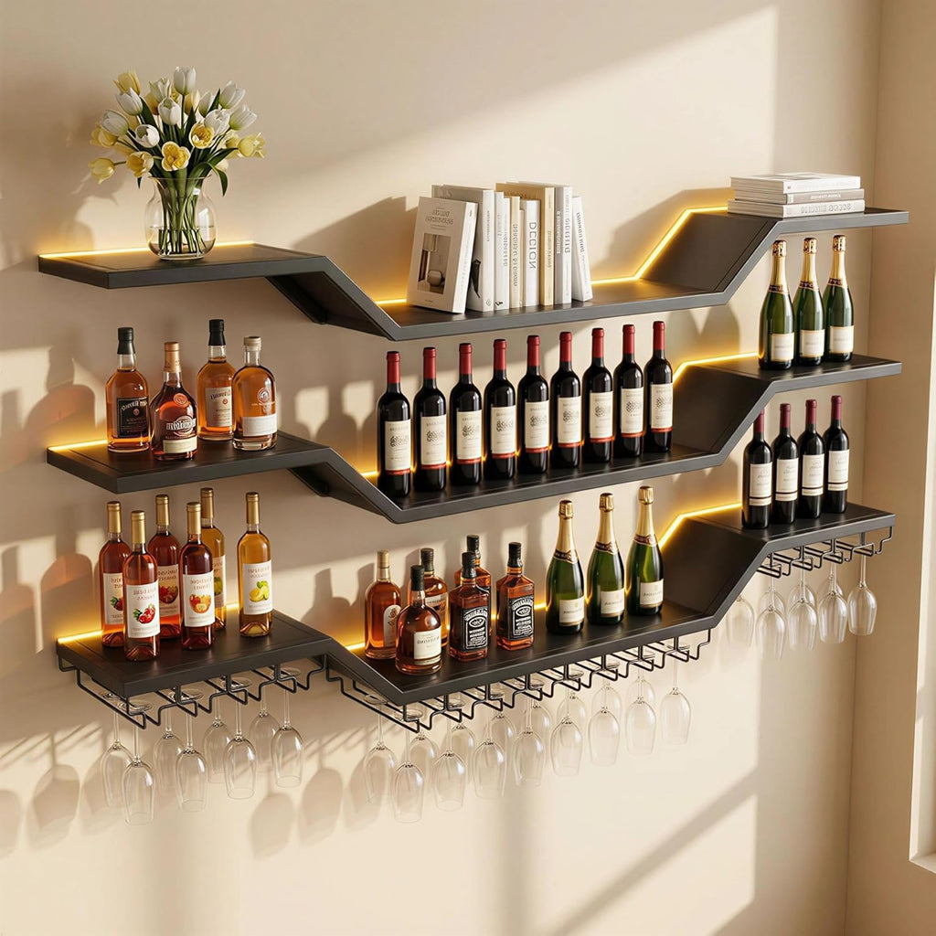 47.2-inch/120cm Metal Wall Mount Wine Rack, 3-tiers Modern Wall Bar Shelf with Wine Glass Rack, Floating Liquor Shelf with LED Lights, Bottle Display Wine Storage Shelves for Home Bar Coffee Shop