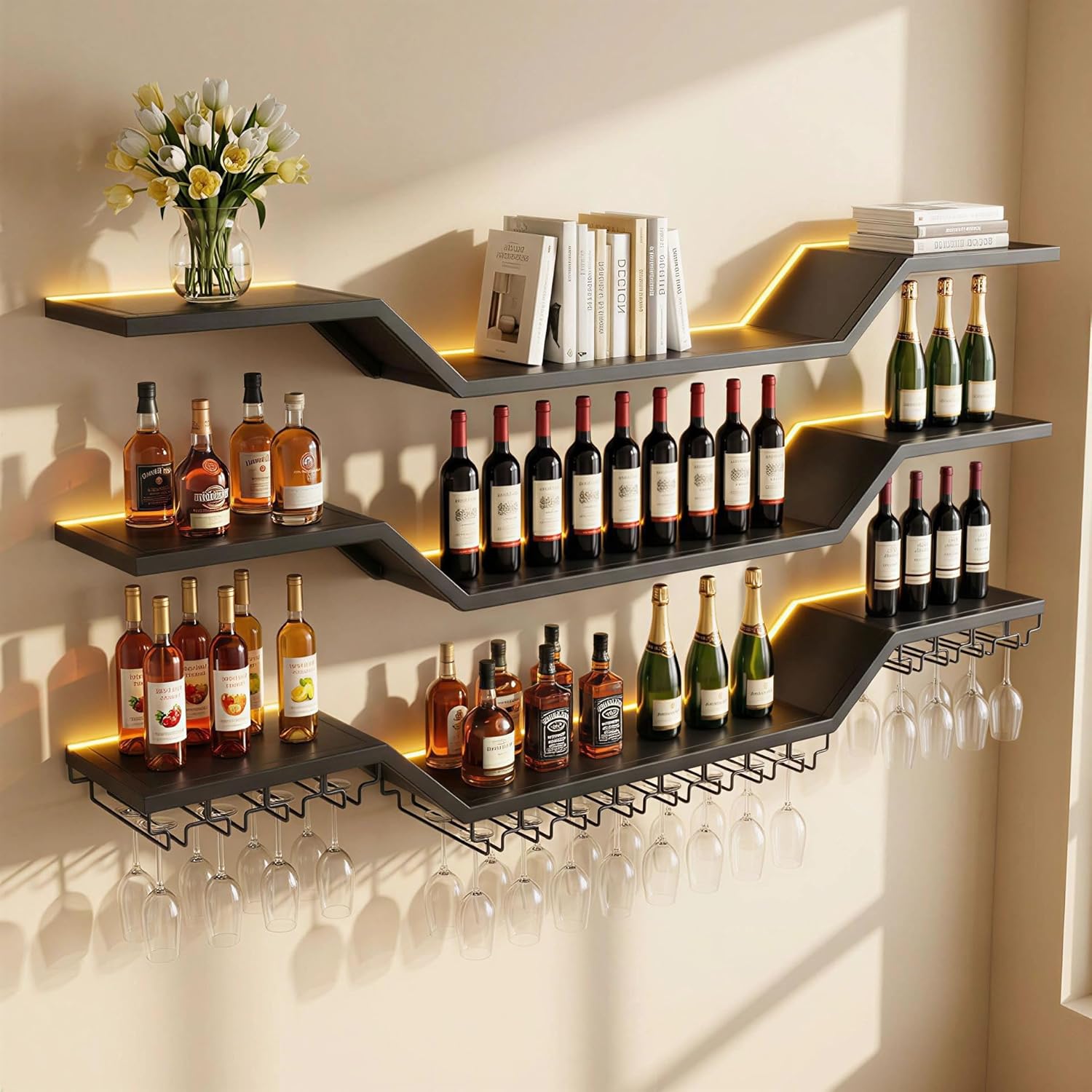 47.2-inch/120cm Metal Wall Mount Wine Rack, 3-tiers Modern Wall Bar Shelf with Wine Glass Rack, Floating Liquor Shelf with LED Lights, Bottle Display Wine Storage Shelves for Home Bar Coffee Shop