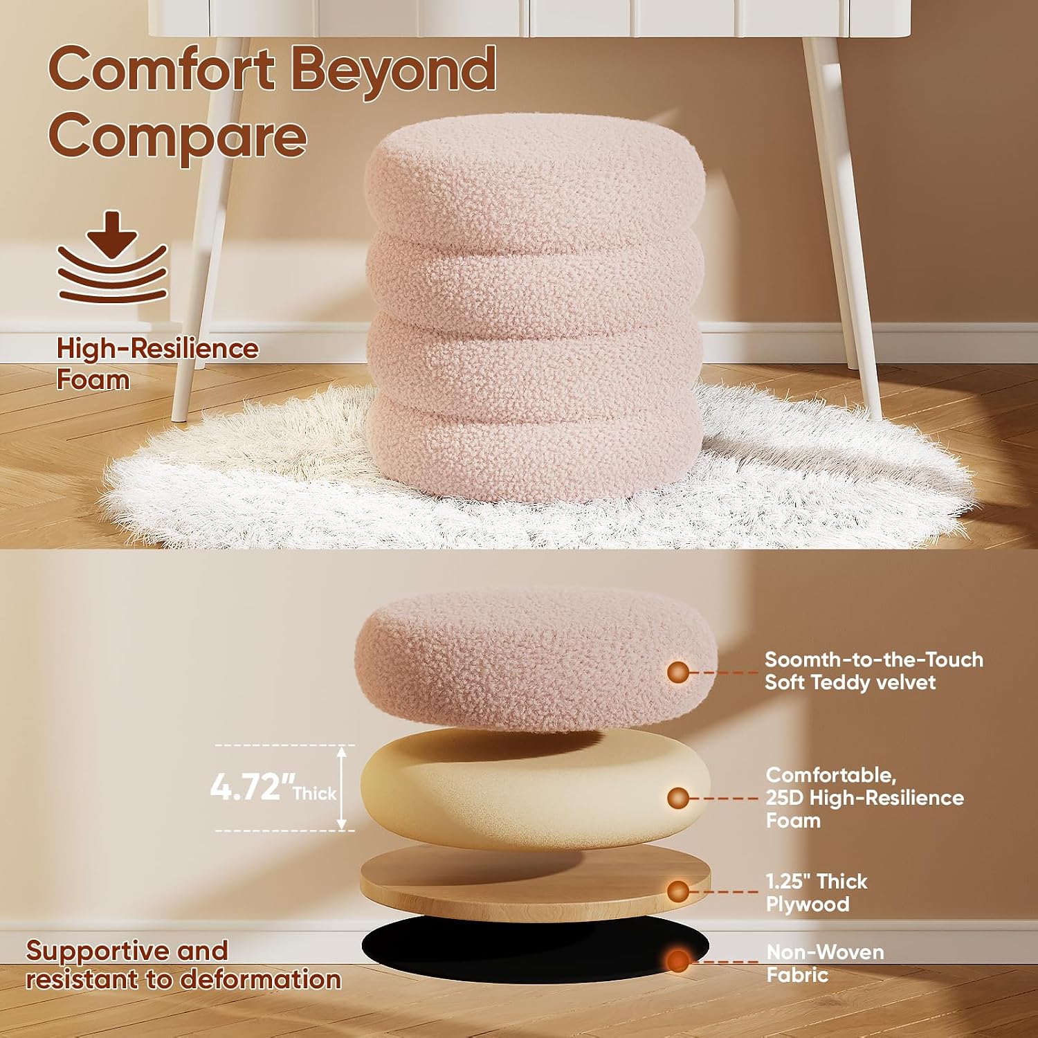 Soft Teddy Round Ottoman with Tray, 17.5 Inches Ottoman Coffee Table with Storage for Living Room, Vanity Stool with Storage Bedroom, Load up to 300 lb, No Assembly Required (Pink)