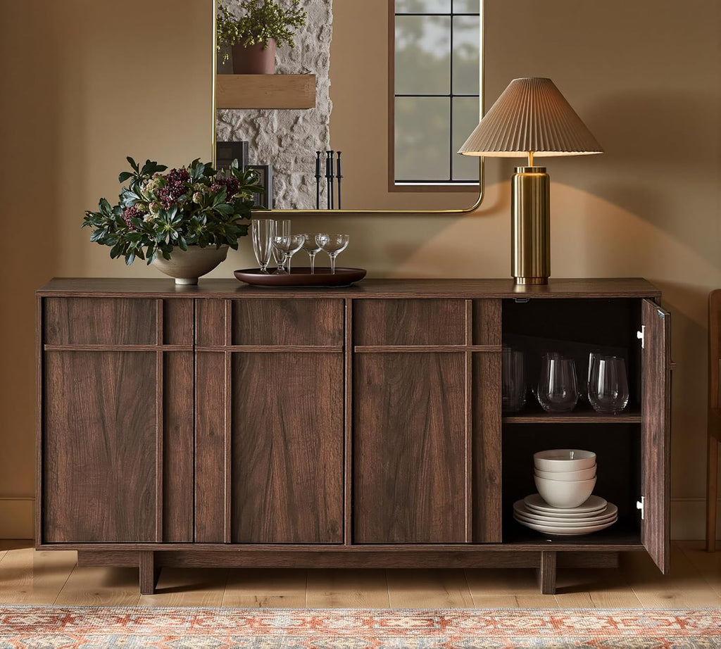 Sideboard Buffet Cabinet with Storage, Mid Century Modern Accent Cabinet with Skeleton Line & Wood Grain Texture,Minimalist Geometric Credenza for Living Room, Kitchen and Entryway, Walnut