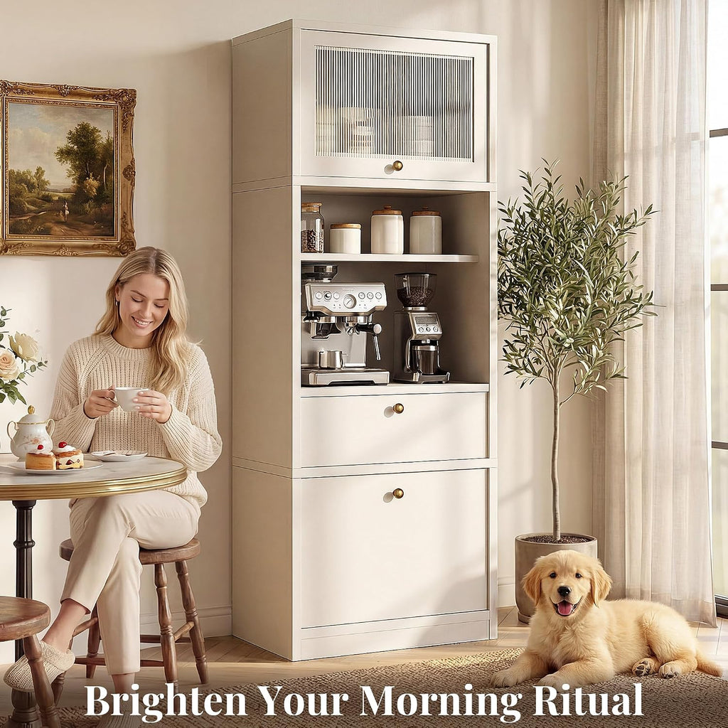 71" Tall Kitchen Pantry Cabinet with Fluted Door & Drawers, White | Adjustable Shelves, Anti-tip Device, Freestanding, Spacious Kitchen, Bathroom Storage, Living Room, Modern Farmhouse Style