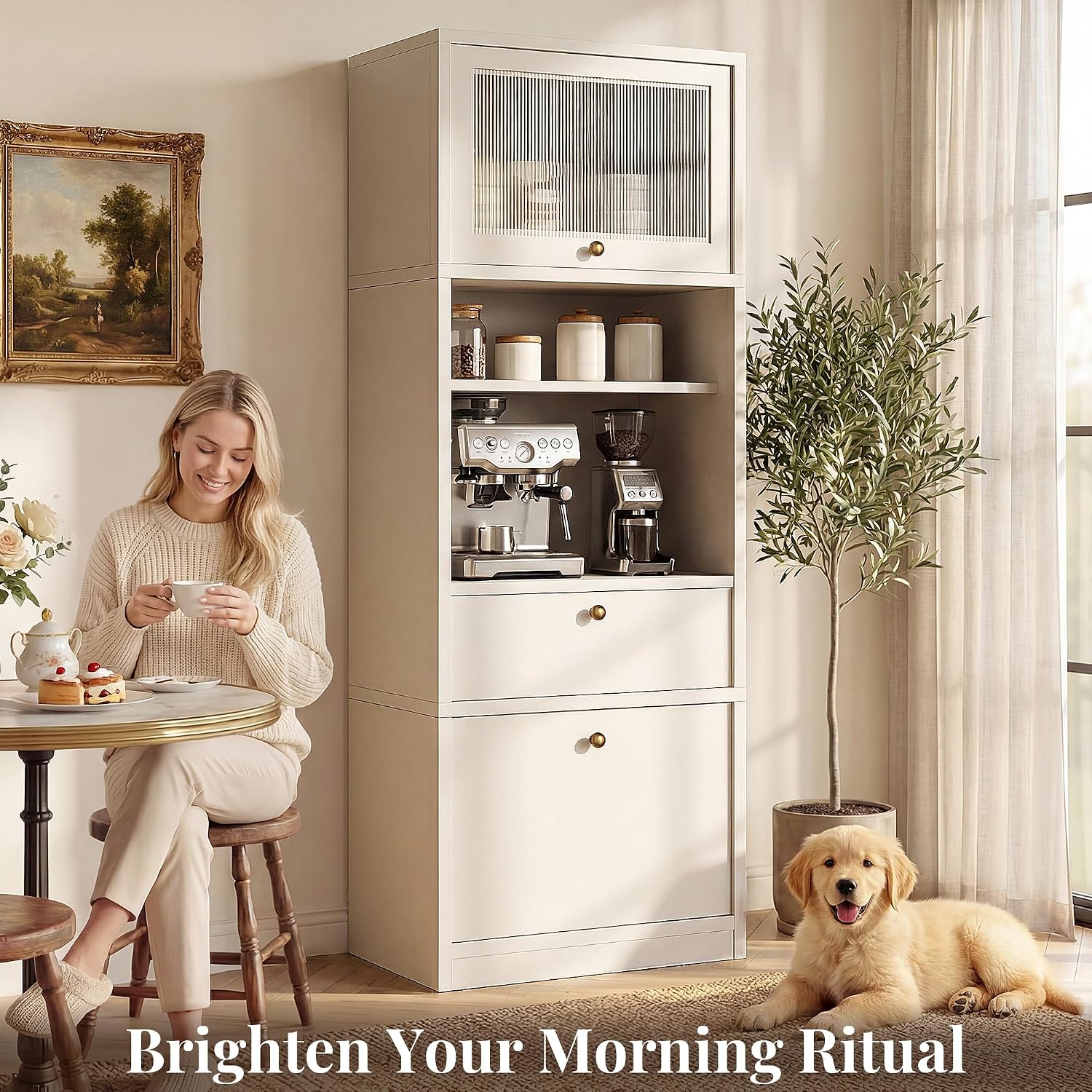71" Tall Kitchen Pantry Cabinet with Fluted Door & Drawers, White | Adjustable Shelves, Anti-tip Device, Freestanding, Spacious Kitchen, Bathroom Storage, Living Room, Modern Farmhouse Style