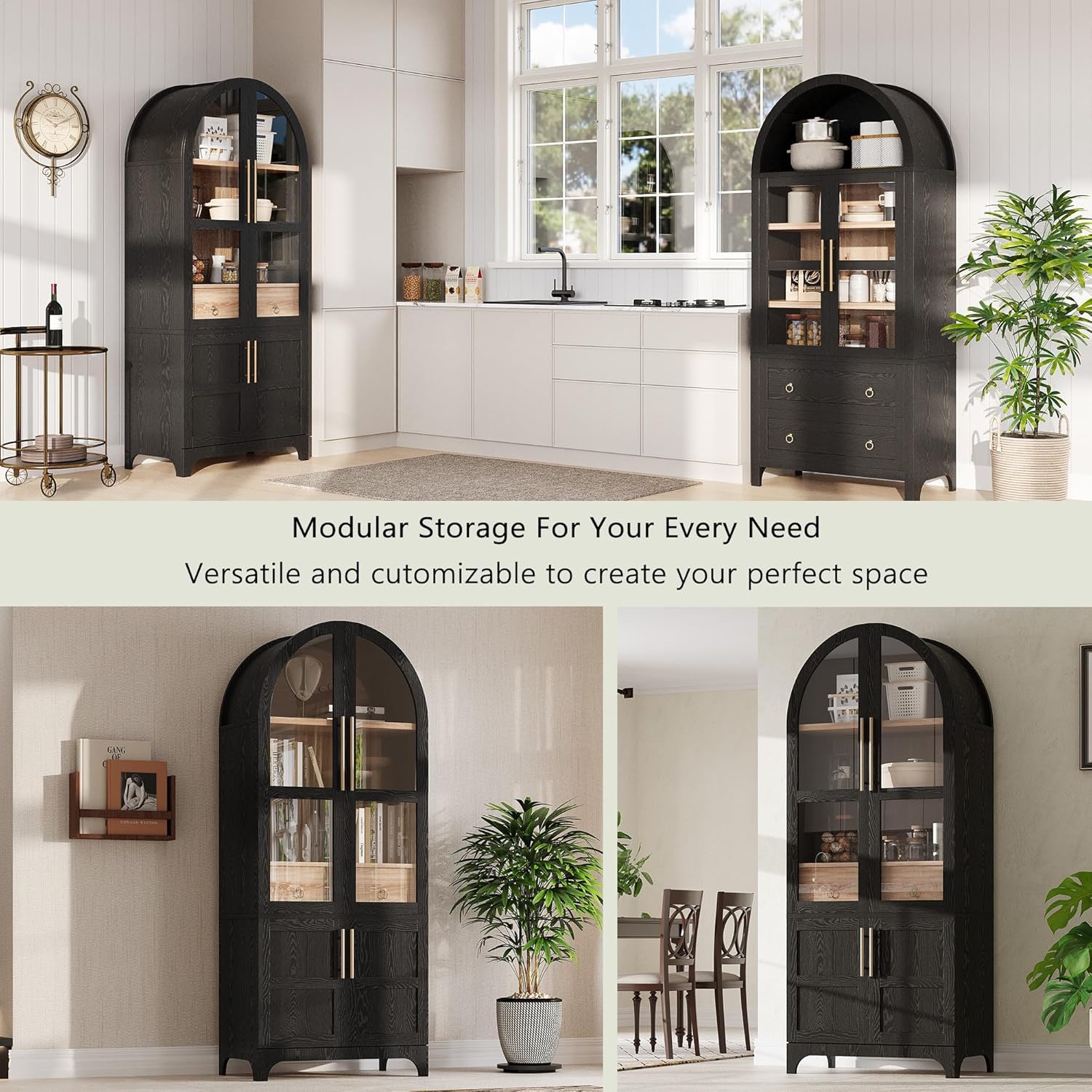 JIJIWANG 71" Tall Arched Kitchen Pantry Cabinet with Doors and Open & Adjustable Shelves, Kitchen Storage Cabine Hidden Drawer & Glass Door, Cupboard for Kitchen, Dining Room, Black