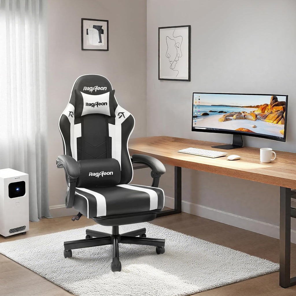 Gaming Chair for Adults Gamer Game Ergonomic PC Chair, 7-Point Support | Pocket Springs & Foam,51cm Wide Seat,Sync Armrests, 90°-135° Backrest, PU Leather, Black and White, 400lbs Load