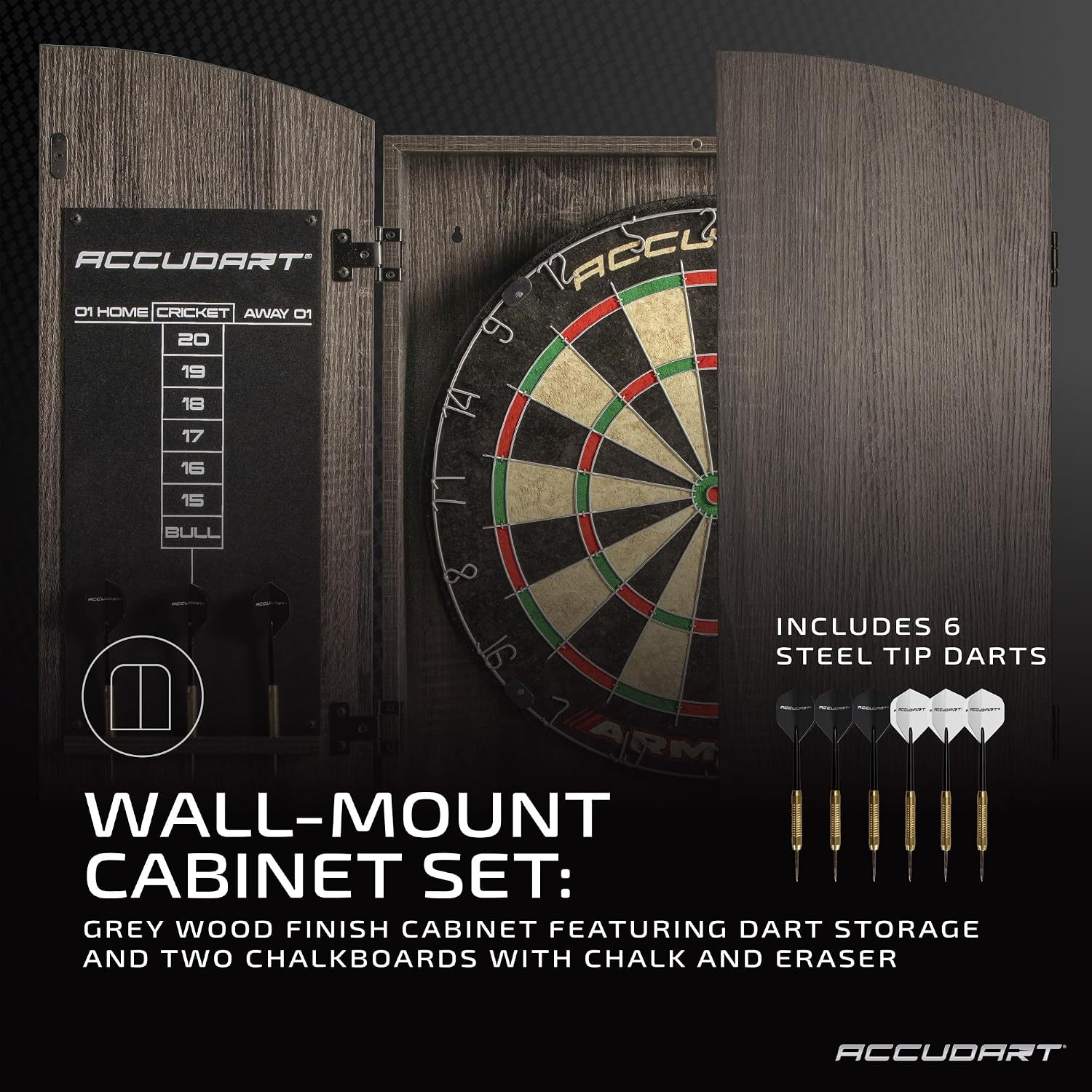 Accudart Armada Bristle Dartboard Cabinet Set – Official 18” Sisal Board, Self‑Healing Fibers, Grey Wood Cabinet, Round Spider Wires, Rotating Number Ring – Includes Steel‑Tip Darts