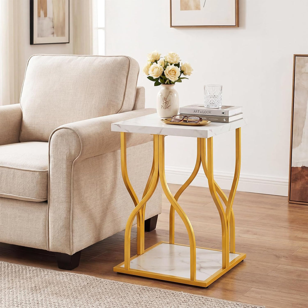 Giantex 2-Tier End Table, Faux Marble Bedside Night Stand with Storage Shelf & Gold Petal-Inspired Geometric Metal Frame, Modern Couch Sofa Side Table for Living Room Bedroom Small Spaces (1)